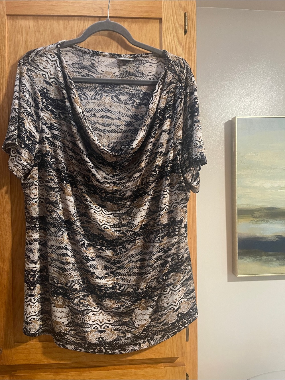 Jaclyn Smith Black Tan Cream Draped Cowl Neck Blouse